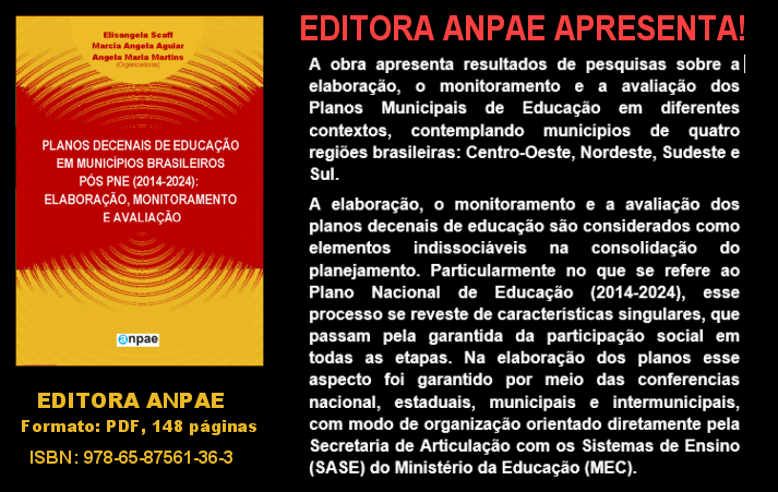 LANÇAMENTO DA EDITORA ANPAE: PLANOS DECENAIS DE EDUCAÇÃO EM MUNICÍPIOS BRASILEIROS PÓS PNE (2014-2024): ELBORAÇÃO, MONITORAMENTO E AVALIAÇÃO